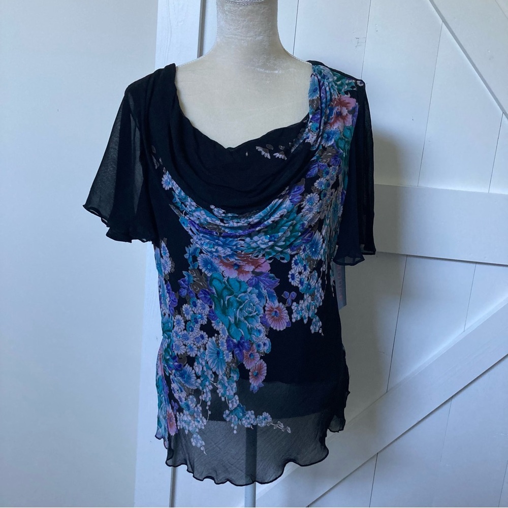 Vintage 90s deadstock fairy blouse sequin floral flutter sleeve bias blouse XL